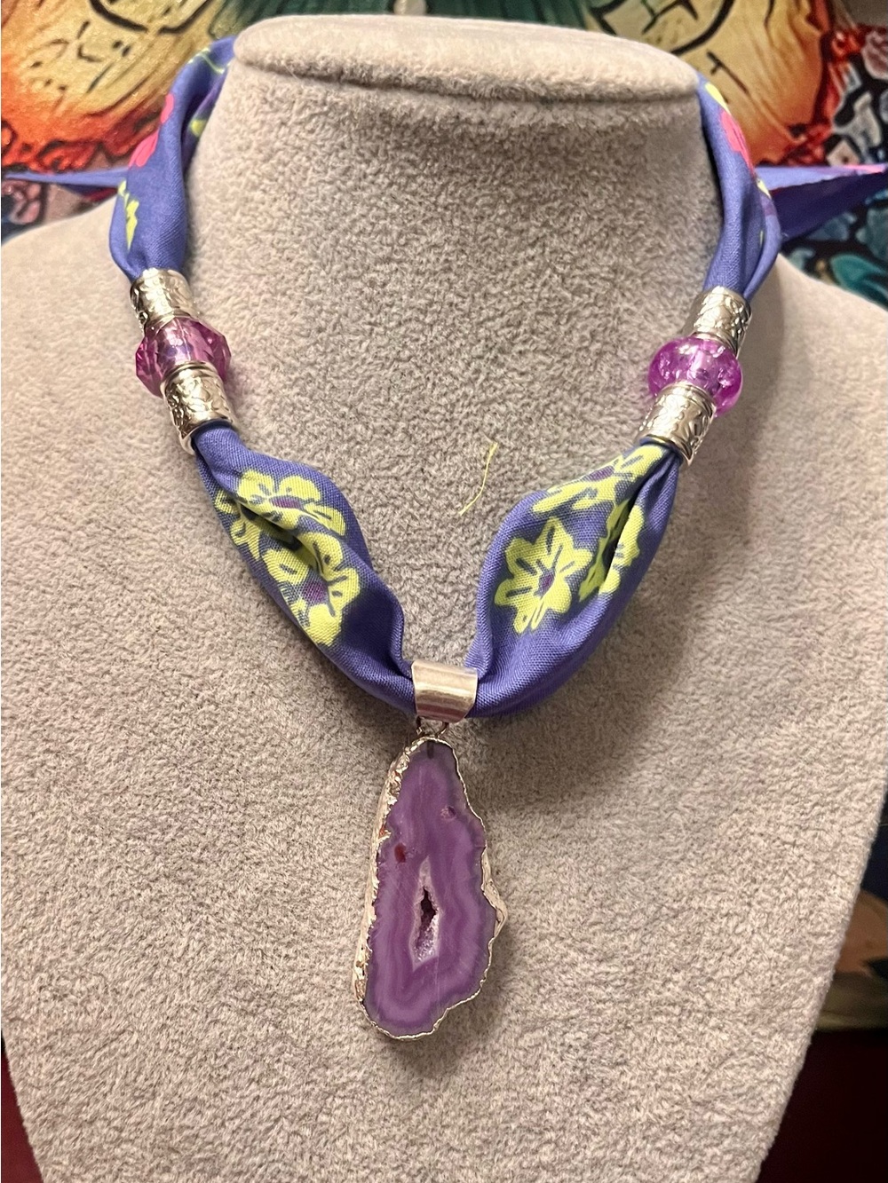 Purple Agate Slice Pendant Scarf Necklace - Women Jewelry